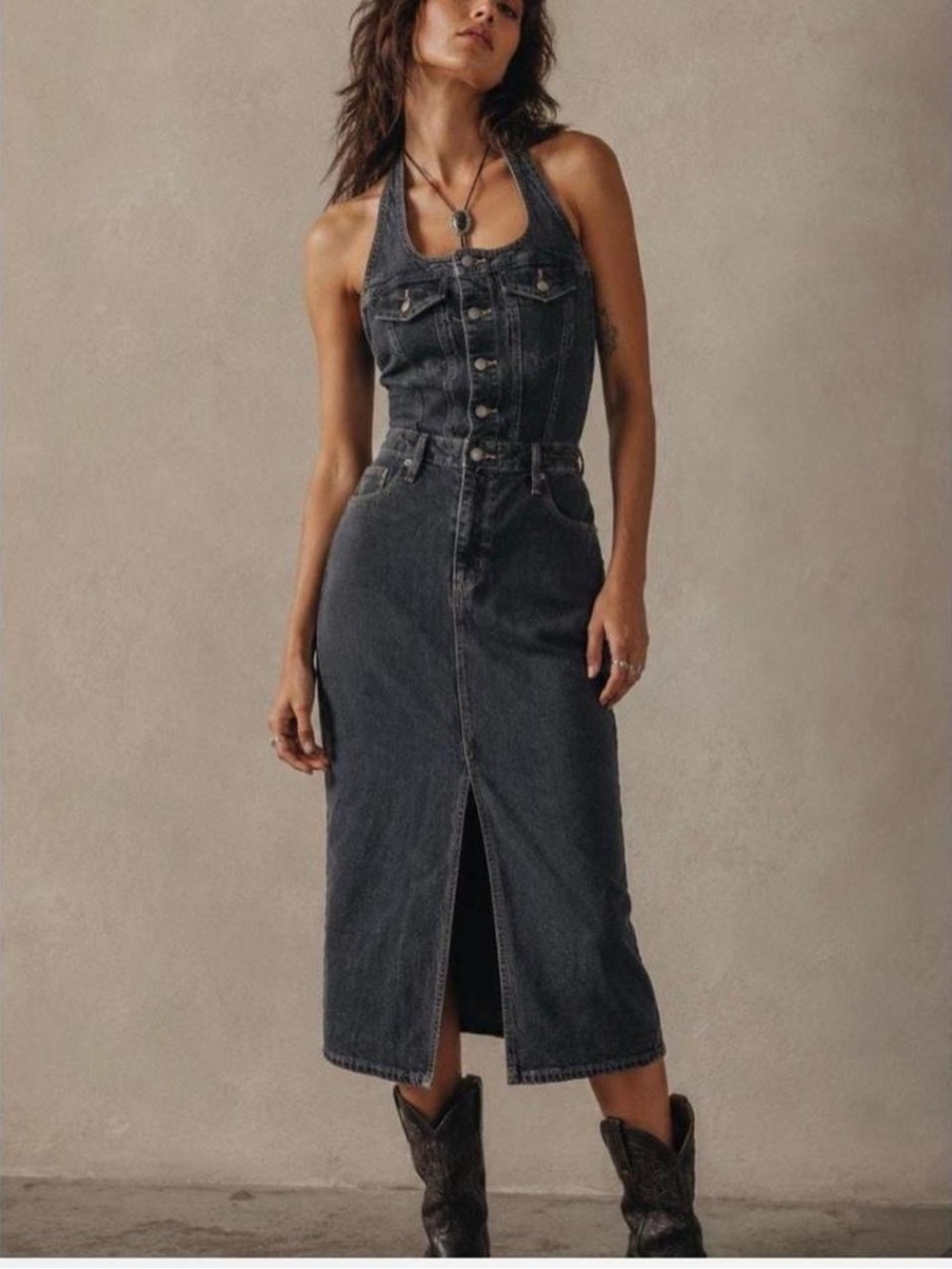 Universal Thread Women's Denim Midi Halter Dress Black Wash 14 L